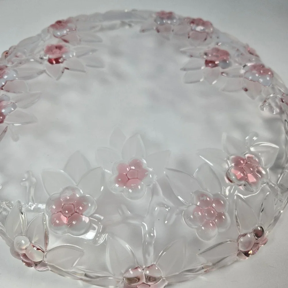 Venezia Collection Platter Fine Crystal 12.5in Pink Clear Floral Embossed Glass